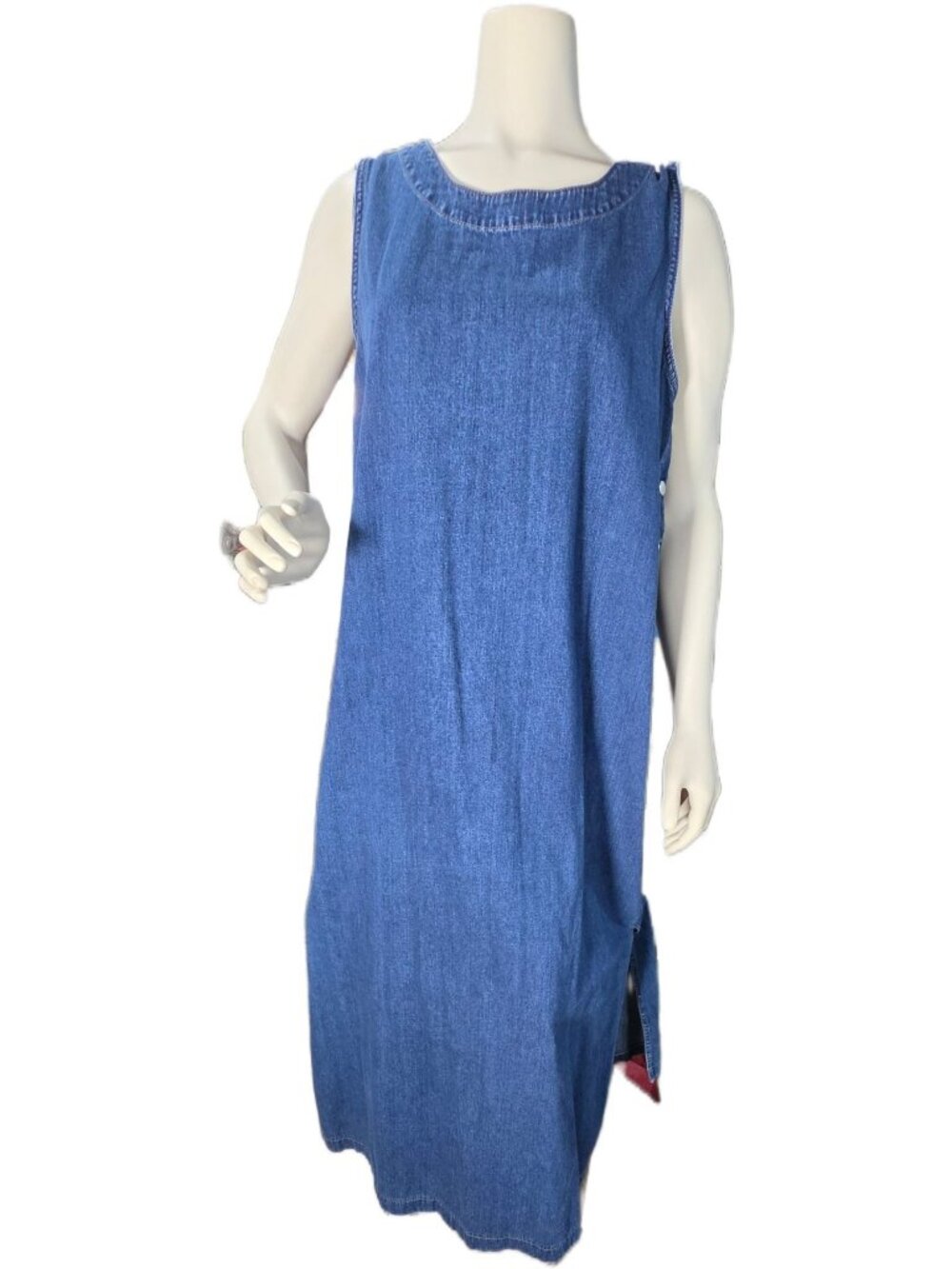 🤠 Vtg 90s Western Blue Jean Denim Maxi Jumper Dress XL Lagenlook Modest Shift